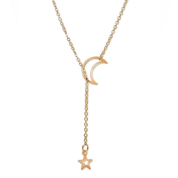 Crescent Moon and Star Hollow Open End Free Form Sautoir Dainty Gold Necklace - Picture 4 of 6